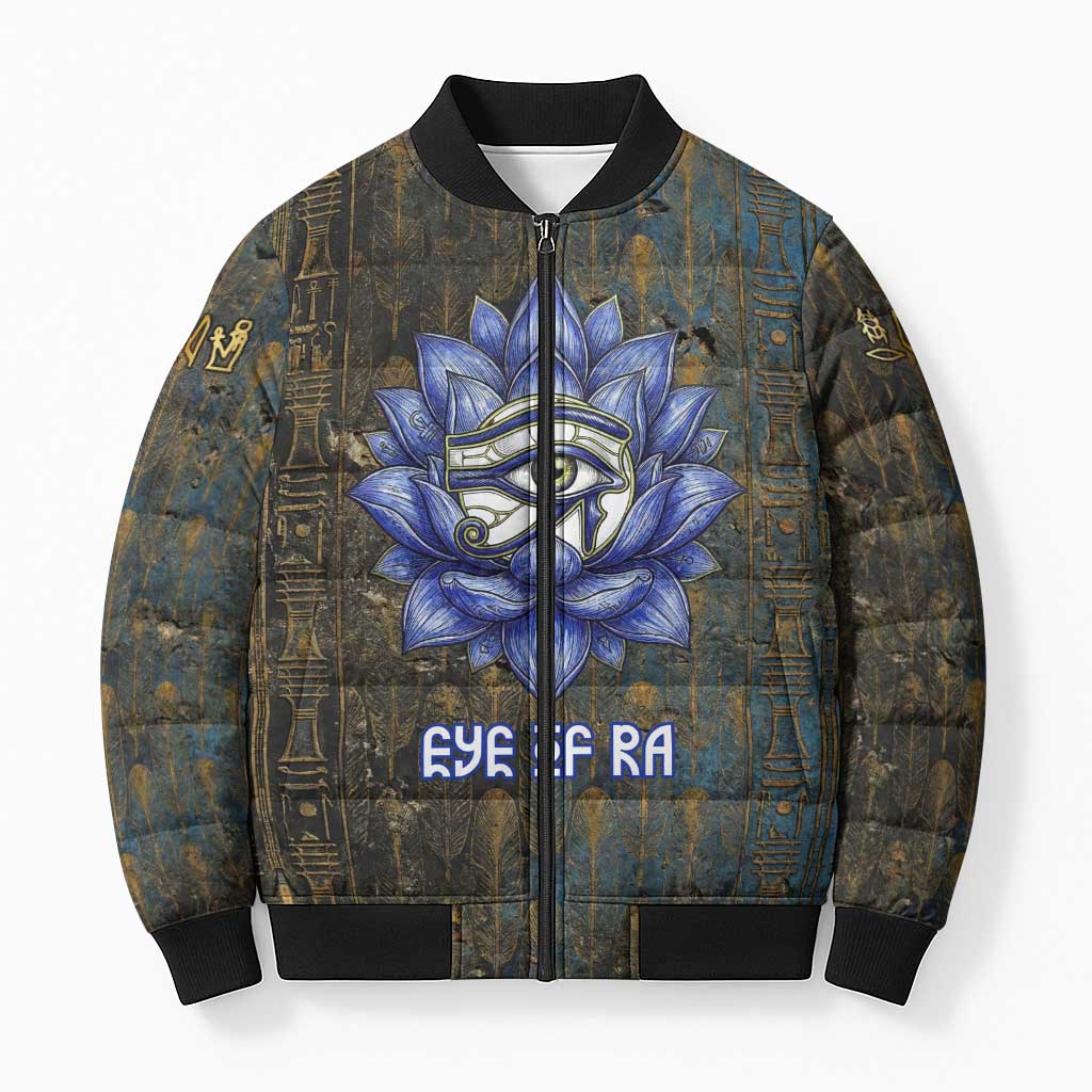 Khepri Ancient Egyptian Bomber Puffer Jacket Dark Hieroglyphic, Blue Lotus Eye Symbol, and Winged Scarab Resurrection - Wonder Print Shop