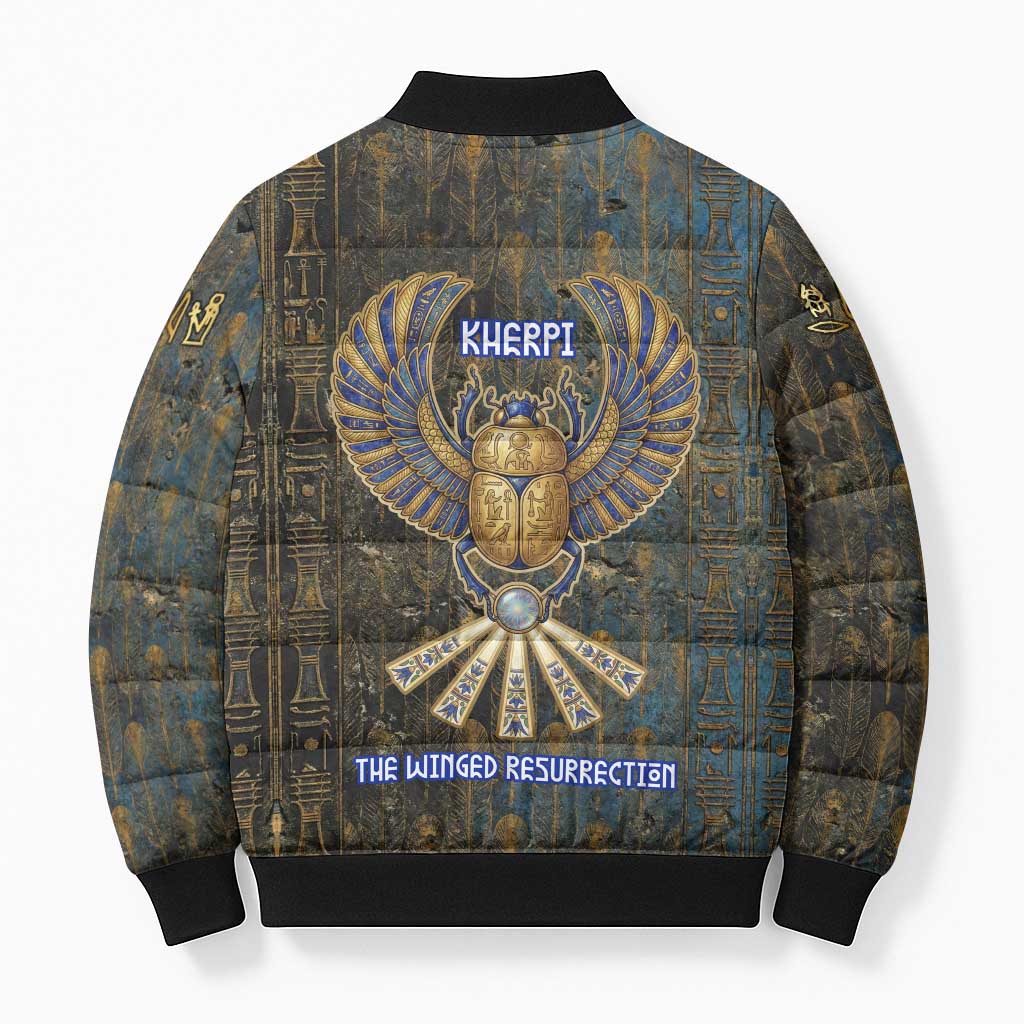 Khepri Ancient Egyptian Bomber Puffer Jacket Dark Hieroglyphic, Blue Lotus Eye Symbol, and Winged Scarab Resurrection - Wonder Print Shop