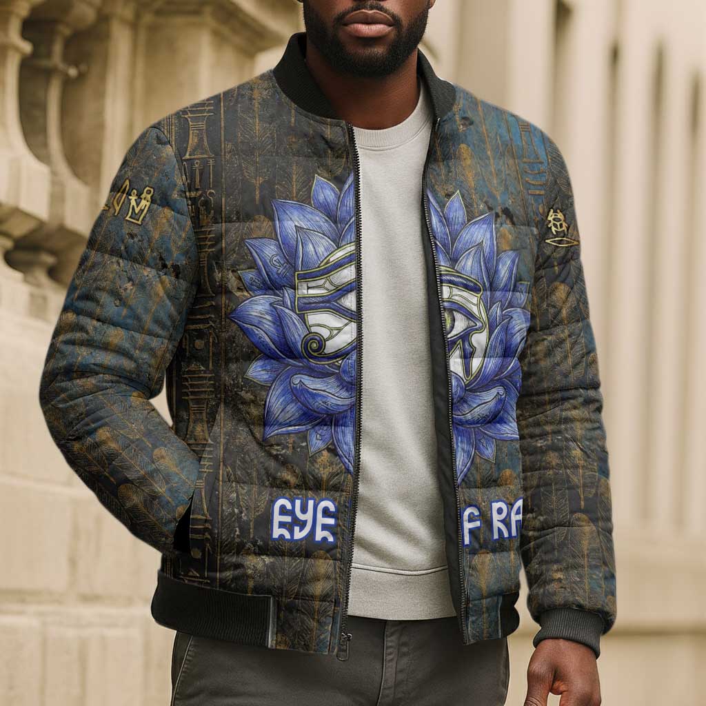 Khepri Ancient Egyptian Bomber Puffer Jacket Dark Hieroglyphic, Blue Lotus Eye Symbol, and Winged Scarab Resurrection - Wonder Print Shop