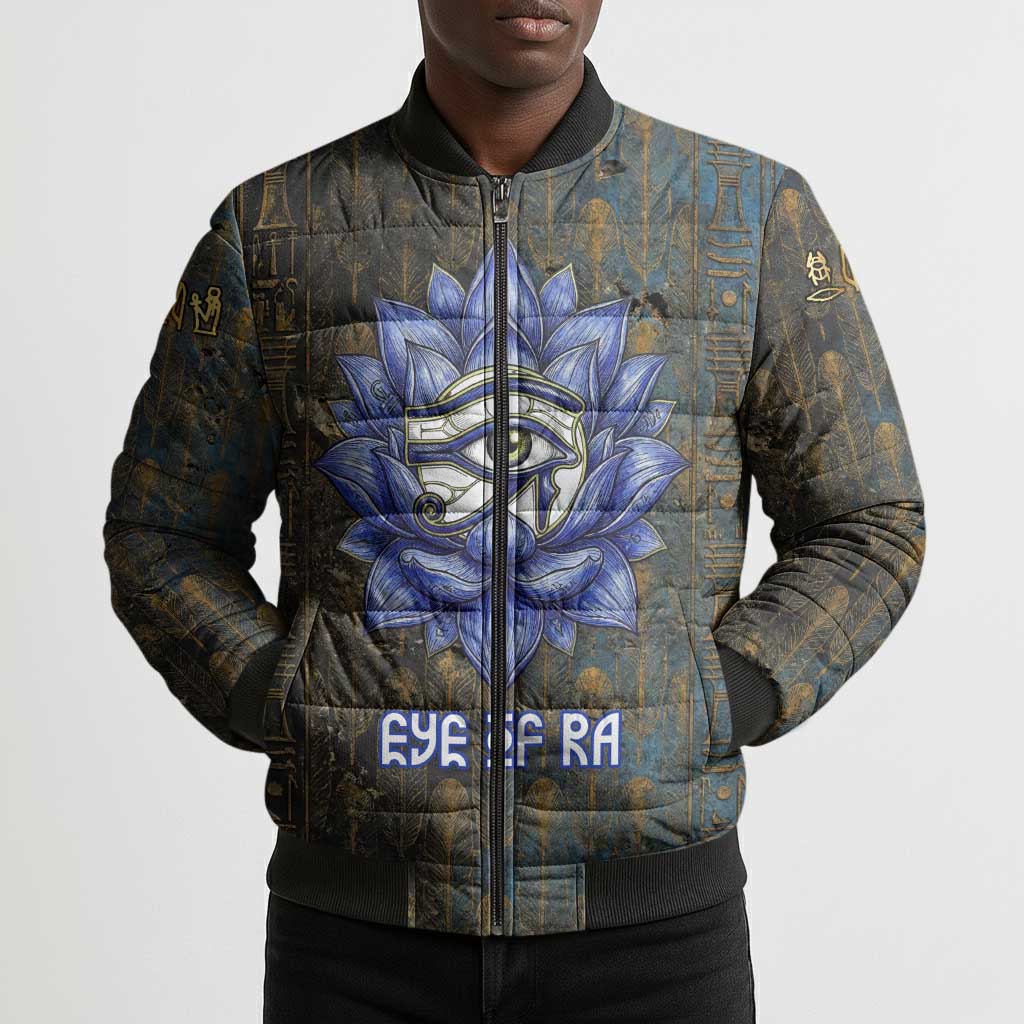 Khepri Ancient Egyptian Bomber Puffer Jacket Dark Hieroglyphic, Blue Lotus Eye Symbol, and Winged Scarab Resurrection - Wonder Print Shop
