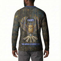 Khepri Ancient Egyptian Button Sweatshirt Dark Hieroglyphic, Blue Lotus Eye Symbol, and Winged Scarab Resurrection