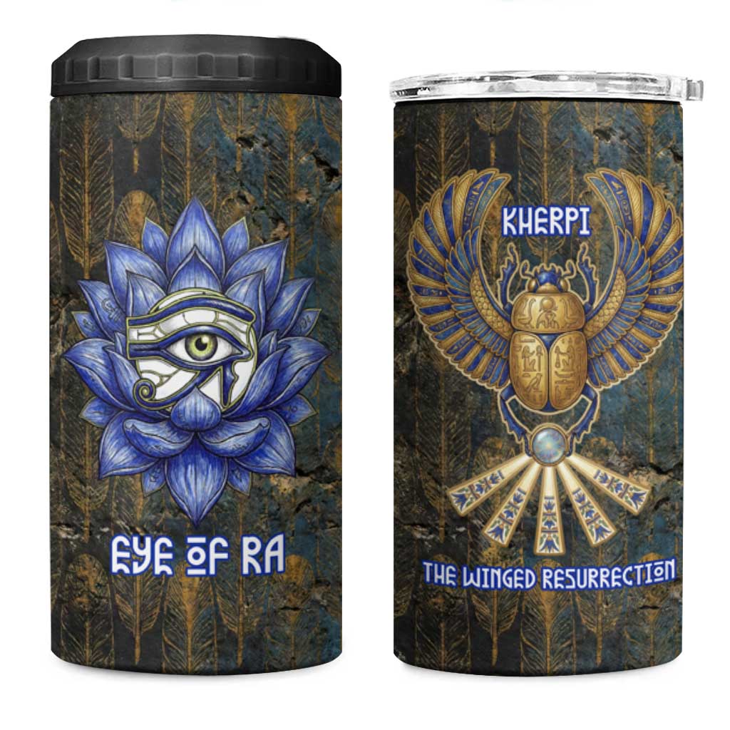 Khepri Ancient Egyptian 4 in 1 Can Cooler Tumbler Dark Hieroglyphic, Blue Lotus Eye Symbol, and Winged Scarab Resurrection - Wonder Print Shop