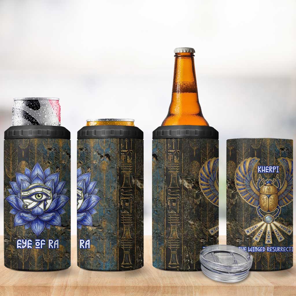 Khepri Ancient Egyptian 4 in 1 Can Cooler Tumbler Dark Hieroglyphic, Blue Lotus Eye Symbol, and Winged Scarab Resurrection - Wonder Print Shop