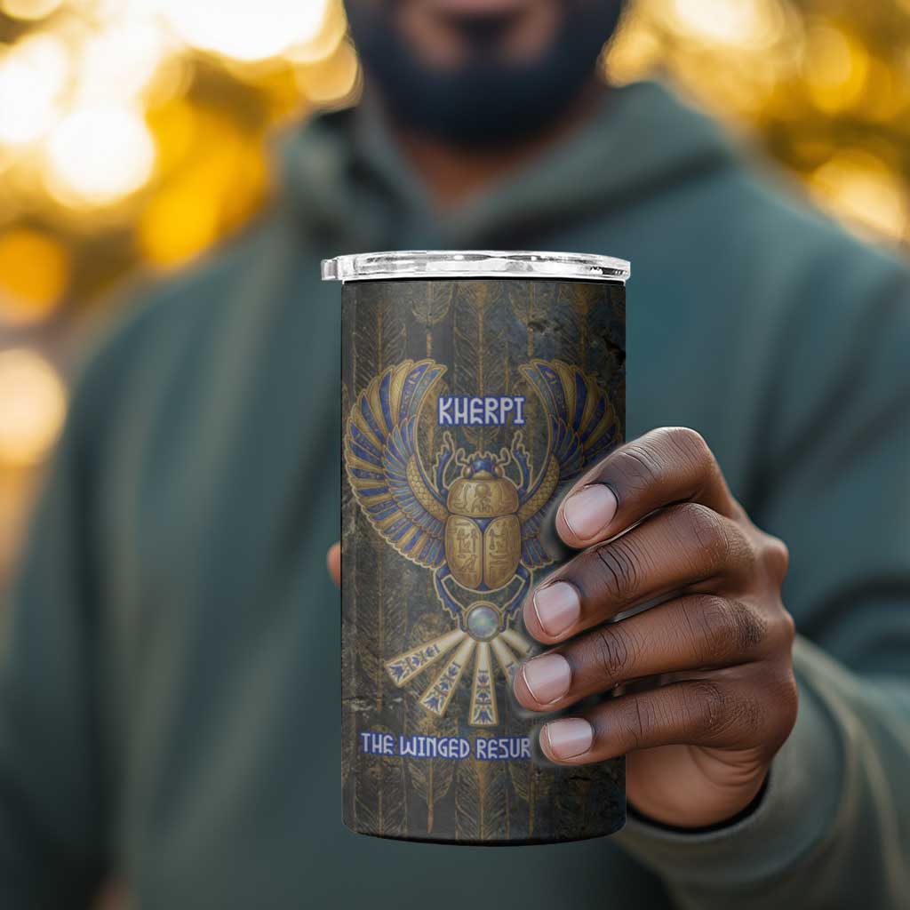 Khepri Ancient Egyptian 4 in 1 Can Cooler Tumbler Dark Hieroglyphic, Blue Lotus Eye Symbol, and Winged Scarab Resurrection - Wonder Print Shop
