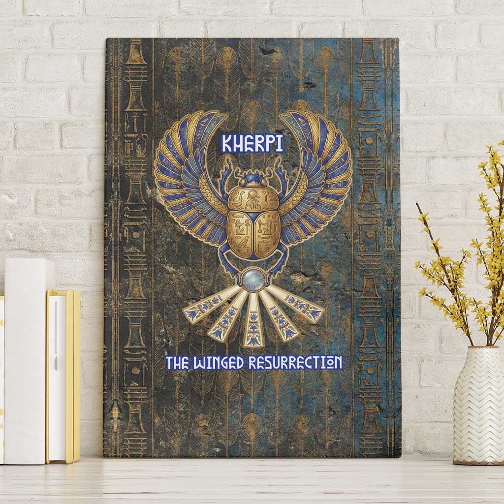 Khepri Ancient Egyptian Canvas Wall Art Dark Hieroglyphic, Blue Lotus Eye Symbol, and Winged Scarab Resurrection - Wonder Print Shop