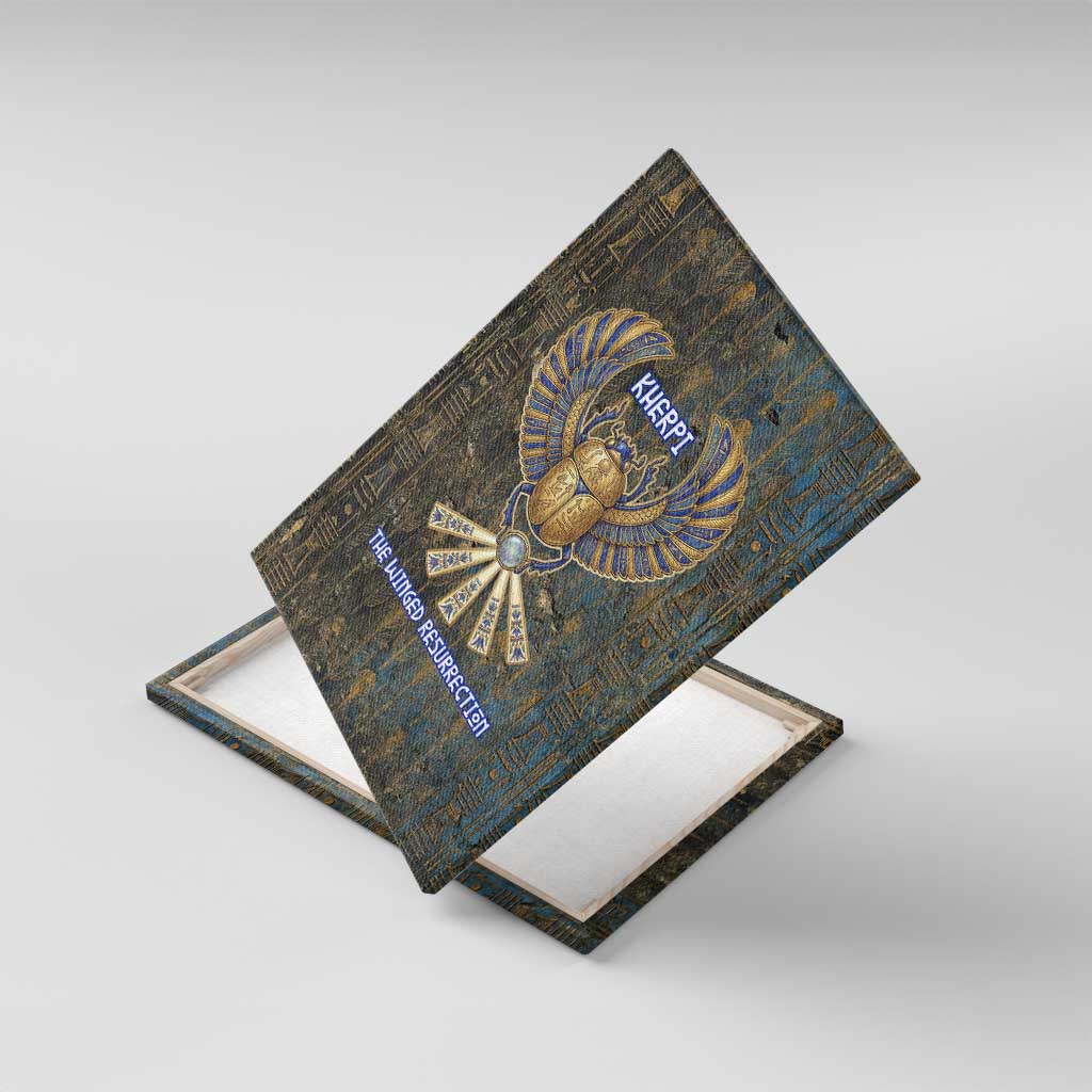 Khepri Ancient Egyptian Canvas Wall Art Dark Hieroglyphic, Blue Lotus Eye Symbol, and Winged Scarab Resurrection - Wonder Print Shop