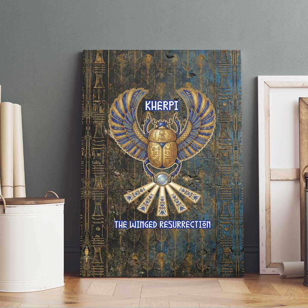 Khepri Ancient Egyptian Canvas Wall Art Dark Hieroglyphic, Blue Lotus Eye Symbol, and Winged Scarab Resurrection - Wonder Print Shop