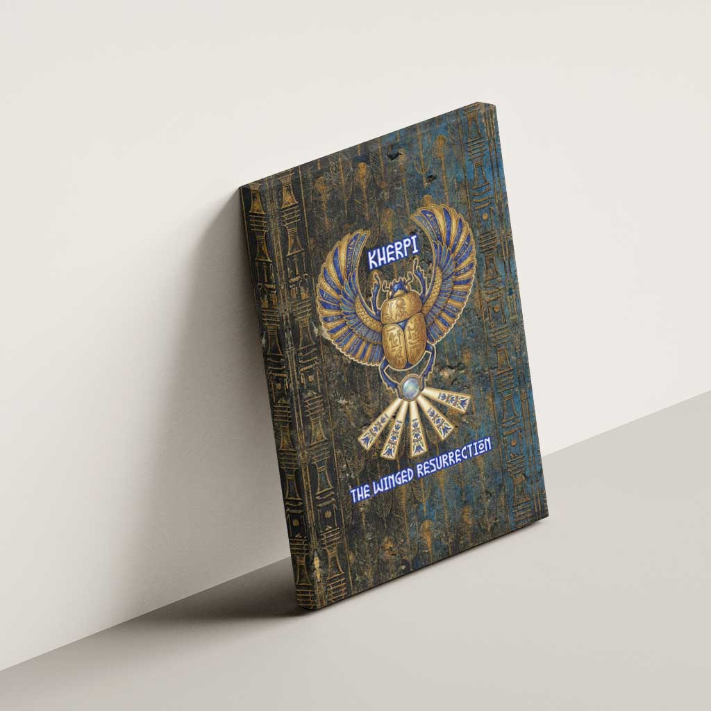 Khepri Ancient Egyptian Canvas Wall Art Dark Hieroglyphic, Blue Lotus Eye Symbol, and Winged Scarab Resurrection - Wonder Print Shop