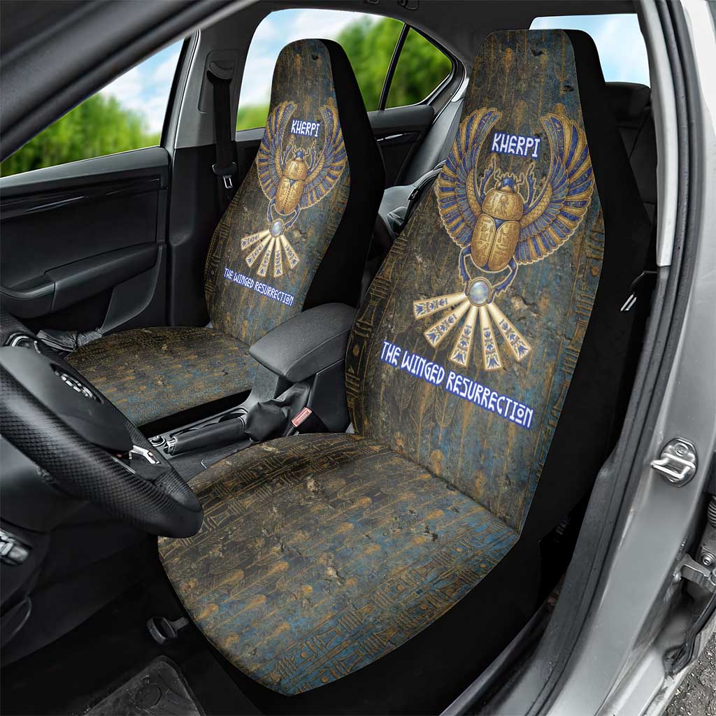 Khepri Ancient Egyptian Car Seat Cover Dark Hieroglyphic, Blue Lotus Eye Symbol, and Winged Scarab Resurrection - Wonder Print Shop