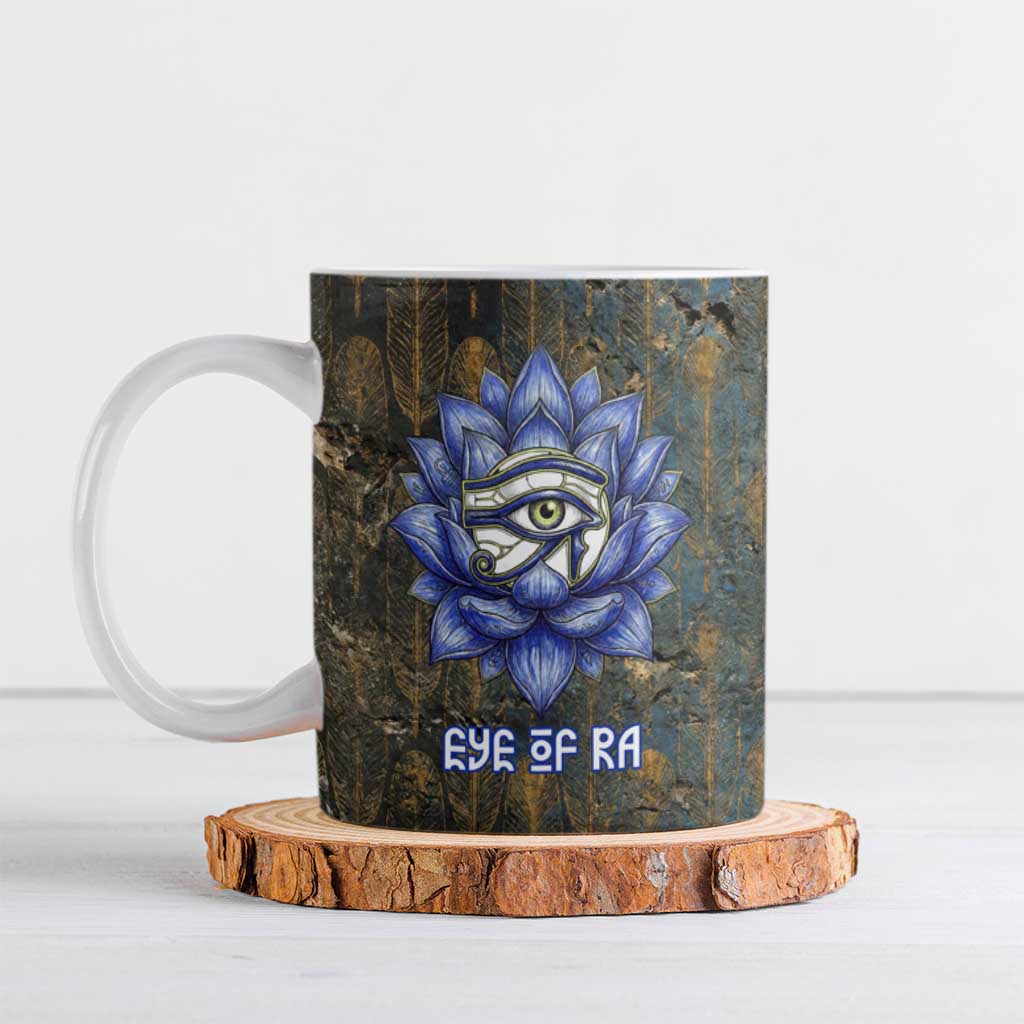 Khepri Ancient Egyptian Ceramic Mug Dark Hieroglyphic, Blue Lotus Eye Symbol, and Winged Scarab Resurrection - Wonder Print Shop