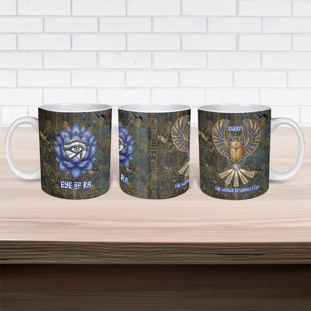 Khepri Ancient Egyptian Ceramic Mug Dark Hieroglyphic, Blue Lotus Eye Symbol, and Winged Scarab Resurrection - Wonder Print Shop