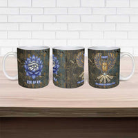 Khepri Ancient Egyptian Ceramic Mug Dark Hieroglyphic, Blue Lotus Eye Symbol, and Winged Scarab Resurrection - Wonder Print Shop