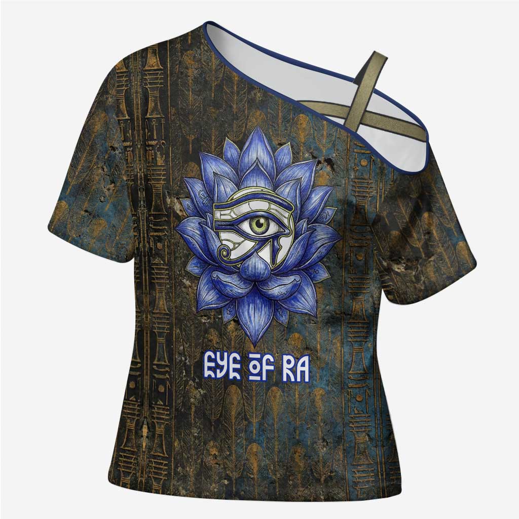 Khepri Ancient Egyptian Cross Shoulder Shirt Dark Hieroglyphic, Blue Lotus Eye Symbol, and Winged Scarab Resurrection - Wonder Print Shop
