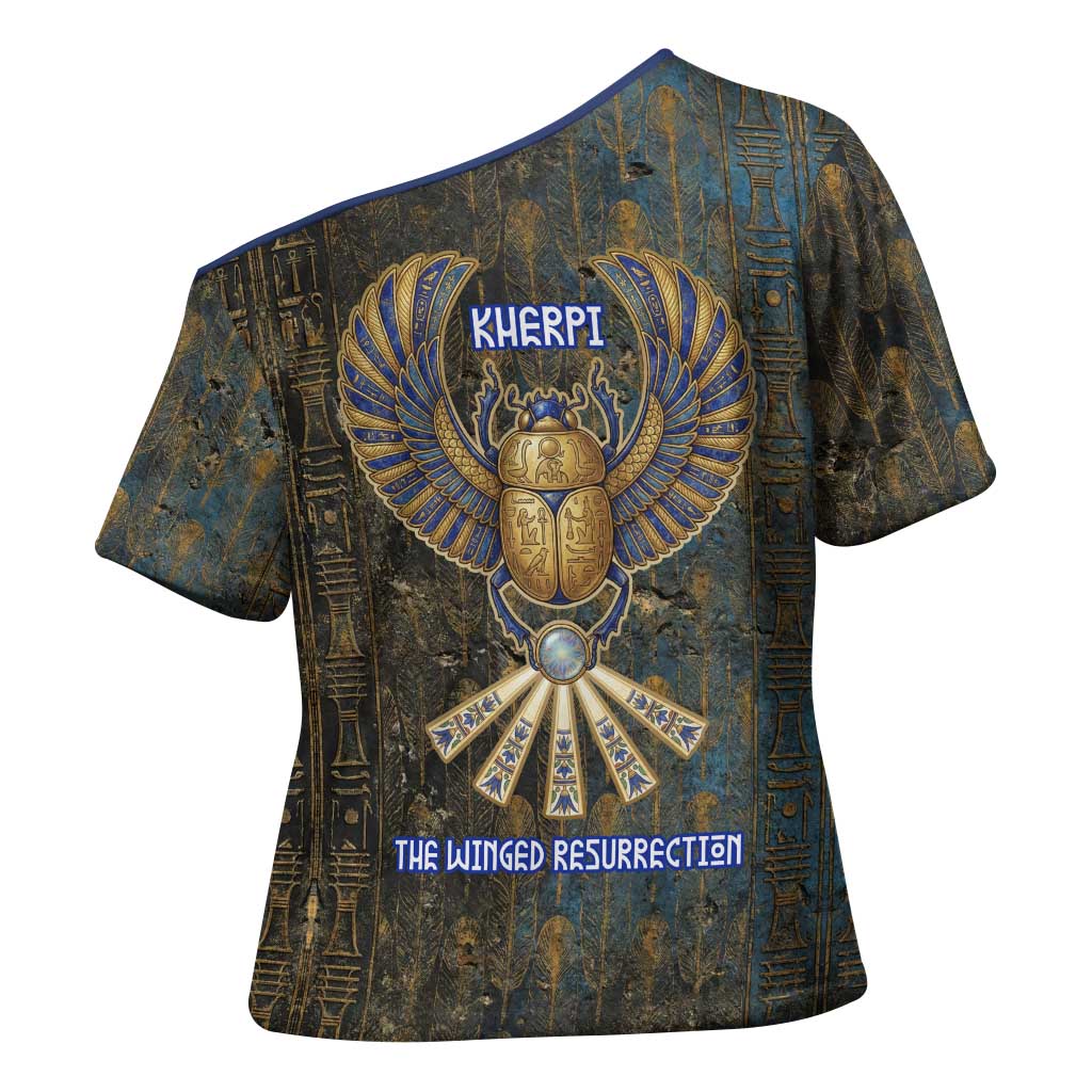Khepri Ancient Egyptian Cross Shoulder Shirt Dark Hieroglyphic, Blue Lotus Eye Symbol, and Winged Scarab Resurrection - Wonder Print Shop