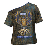 Khepri Ancient Egyptian Cross Shoulder Shirt Dark Hieroglyphic, Blue Lotus Eye Symbol, and Winged Scarab Resurrection - Wonder Print Shop