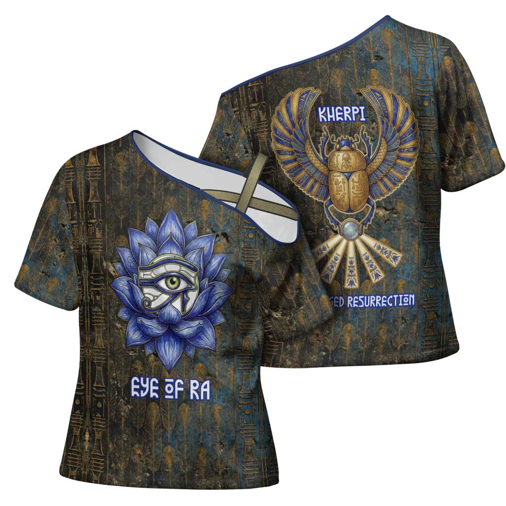 Khepri Ancient Egyptian Cross Shoulder Shirt Dark Hieroglyphic, Blue Lotus Eye Symbol, and Winged Scarab Resurrection - Wonder Print Shop