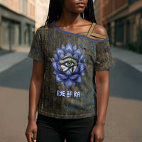 Khepri Ancient Egyptian Cross Shoulder Shirt Dark Hieroglyphic, Blue Lotus Eye Symbol, and Winged Scarab Resurrection - Wonder Print Shop