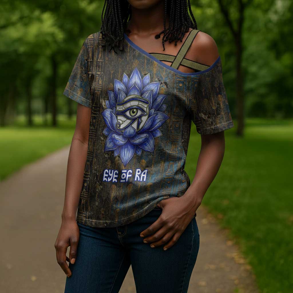Khepri Ancient Egyptian Cross Shoulder Shirt Dark Hieroglyphic, Blue Lotus Eye Symbol, and Winged Scarab Resurrection - Wonder Print Shop