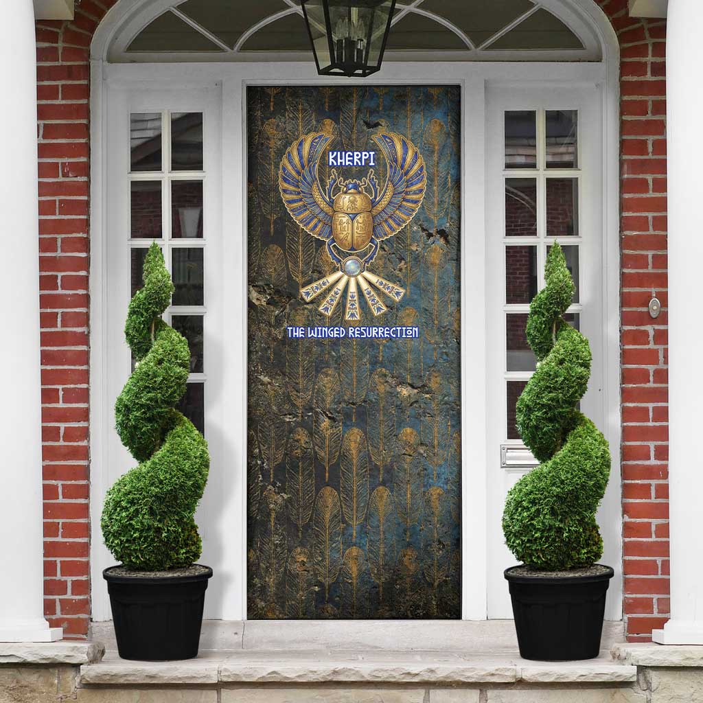 Khepri Ancient Egyptian Door Cover Dark Hieroglyphic, Blue Lotus Eye Symbol, and Winged Scarab Resurrection - Wonder Print Shop