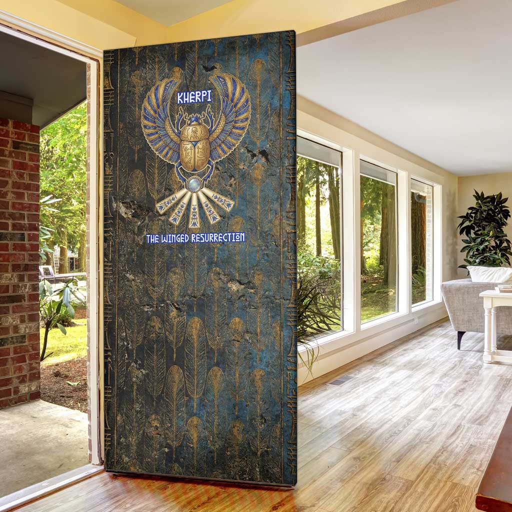Khepri Ancient Egyptian Door Cover Dark Hieroglyphic, Blue Lotus Eye Symbol, and Winged Scarab Resurrection - Wonder Print Shop