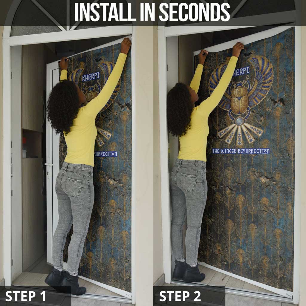 Khepri Ancient Egyptian Door Cover Dark Hieroglyphic, Blue Lotus Eye Symbol, and Winged Scarab Resurrection - Wonder Print Shop