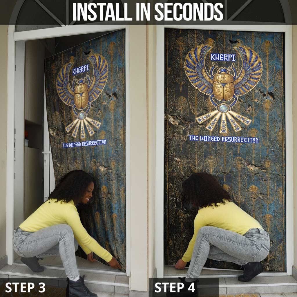 Khepri Ancient Egyptian Door Cover Dark Hieroglyphic, Blue Lotus Eye Symbol, and Winged Scarab Resurrection - Wonder Print Shop