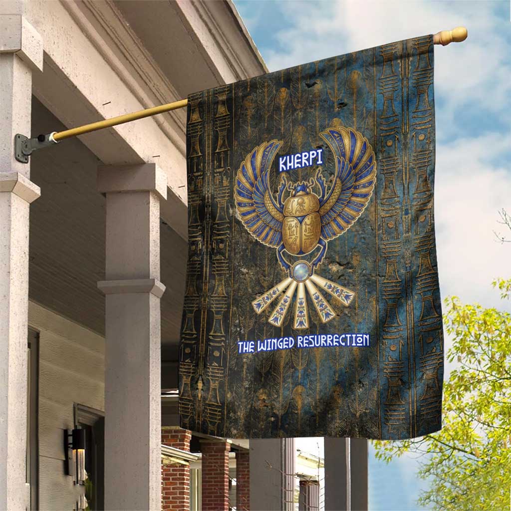 Khepri Ancient Egyptian Garden Flag Dark Hieroglyphic, Blue Lotus Eye Symbol, and Winged Scarab Resurrection - Wonder Print Shop