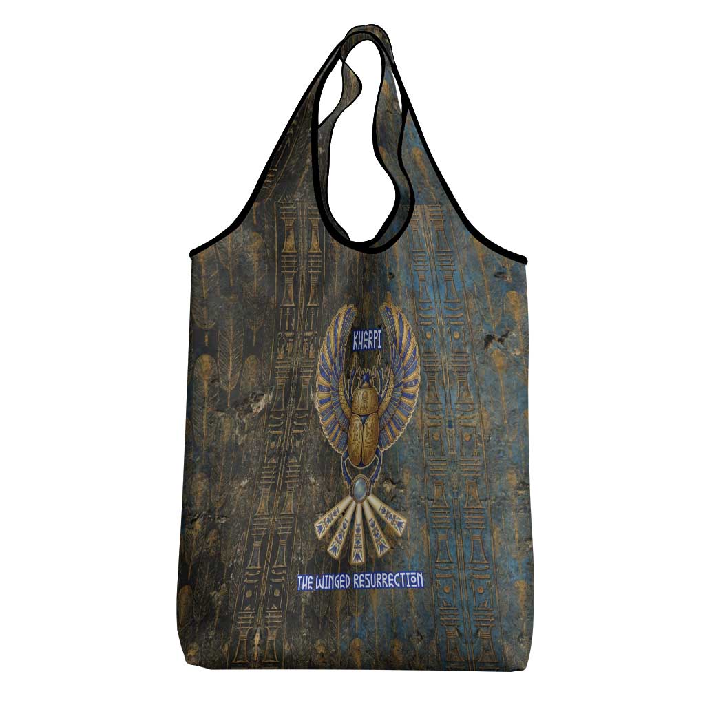 Khepri Ancient Egyptian Grocery Bag Dark Hieroglyphic, Blue Lotus Eye Symbol, and Winged Scarab Resurrection - Wonder Print Shop