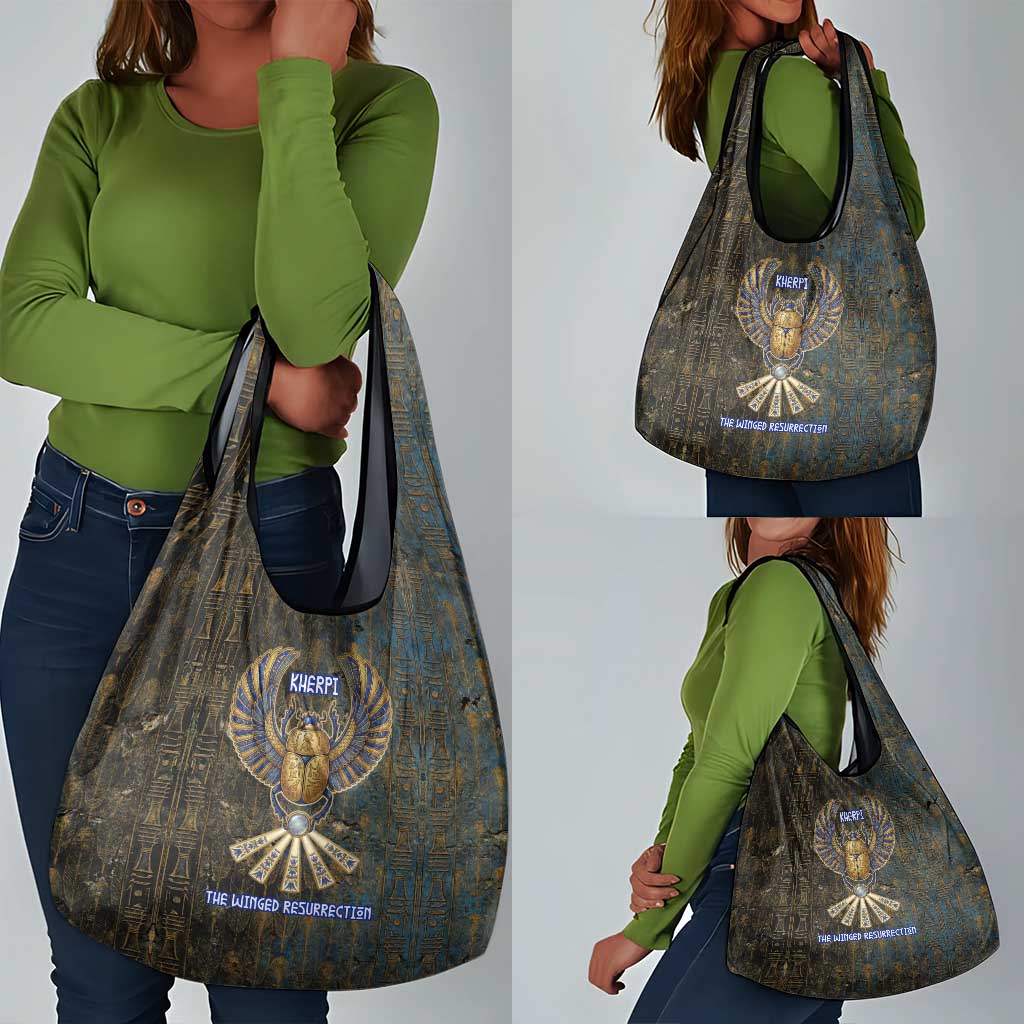 Khepri Ancient Egyptian Grocery Bag Dark Hieroglyphic, Blue Lotus Eye Symbol, and Winged Scarab Resurrection - Wonder Print Shop