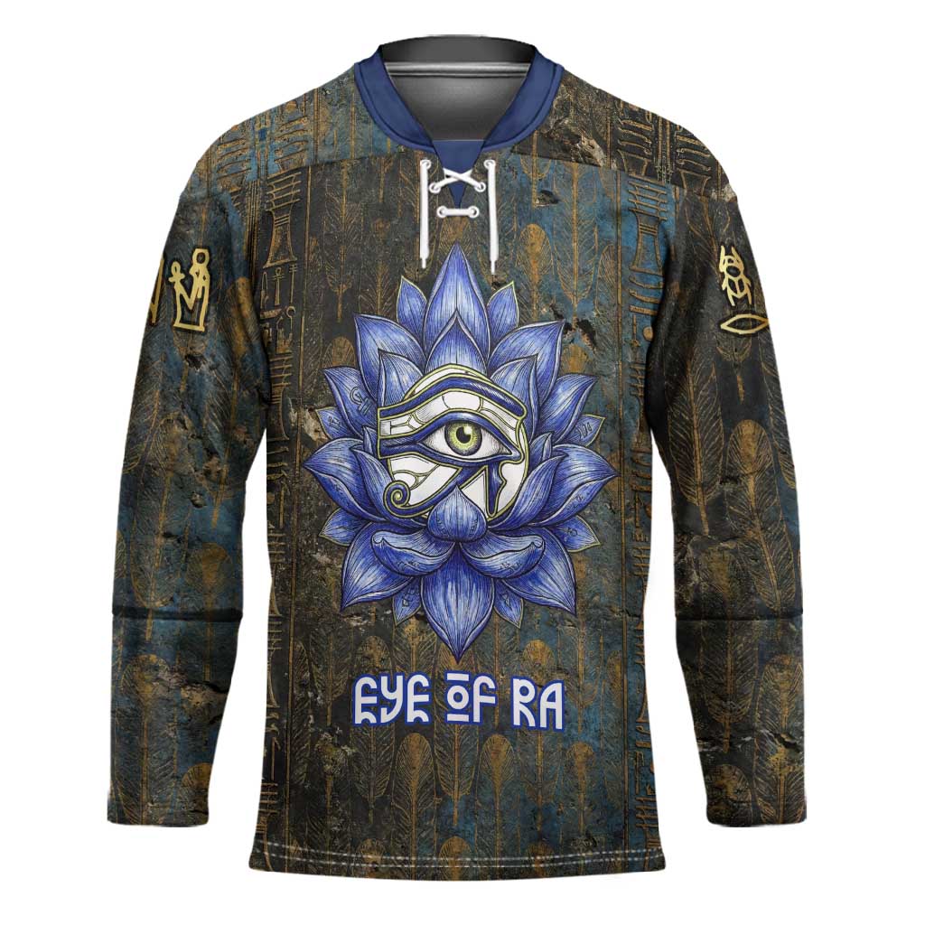 Khepri Ancient Egyptian Hockey Jersey Dark Hieroglyphic, Blue Lotus Eye Symbol, and Winged Scarab Resurrection - Wonder Print Shop