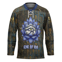 Khepri Ancient Egyptian Hockey Jersey Dark Hieroglyphic, Blue Lotus Eye Symbol, and Winged Scarab Resurrection - Wonder Print Shop