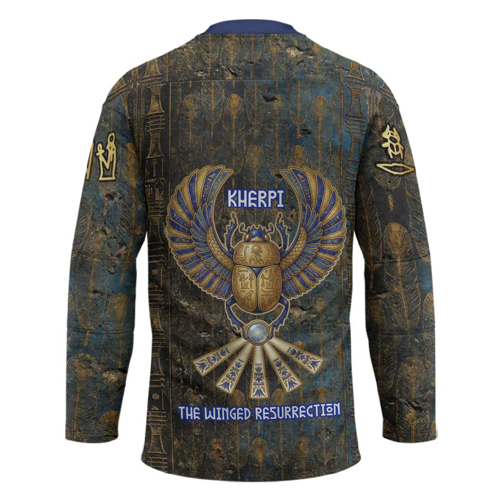 Khepri Ancient Egyptian Hockey Jersey Dark Hieroglyphic, Blue Lotus Eye Symbol, and Winged Scarab Resurrection - Wonder Print Shop