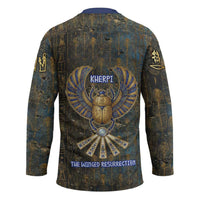 Khepri Ancient Egyptian Hockey Jersey Dark Hieroglyphic, Blue Lotus Eye Symbol, and Winged Scarab Resurrection - Wonder Print Shop