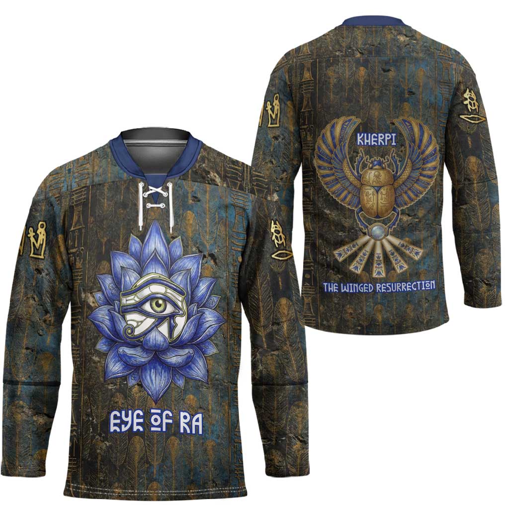 Khepri Ancient Egyptian Hockey Jersey Dark Hieroglyphic, Blue Lotus Eye Symbol, and Winged Scarab Resurrection - Wonder Print Shop