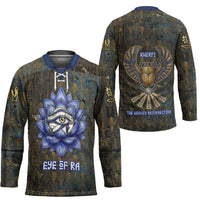 Khepri Ancient Egyptian Hockey Jersey Dark Hieroglyphic, Blue Lotus Eye Symbol, and Winged Scarab Resurrection - Wonder Print Shop