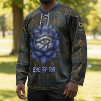 Khepri Ancient Egyptian Hockey Jersey Dark Hieroglyphic, Blue Lotus Eye Symbol, and Winged Scarab Resurrection - Wonder Print Shop