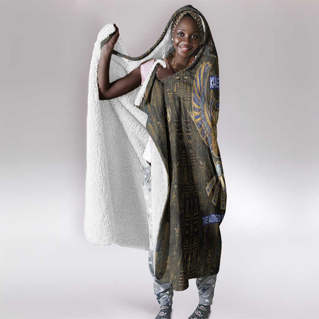 Khepri Ancient Egyptian Hooded Blanket Dark Hieroglyphic, Blue Lotus Eye Symbol, and Winged Scarab Resurrection - Wonder Print Shop