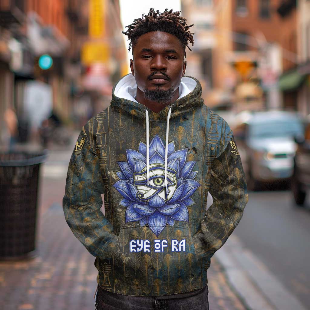 Khepri Ancient Egyptian Hoodie Dark Hieroglyphic, Blue Lotus Eye Symbol, and Winged Scarab Resurrection - Wonder Print Shop