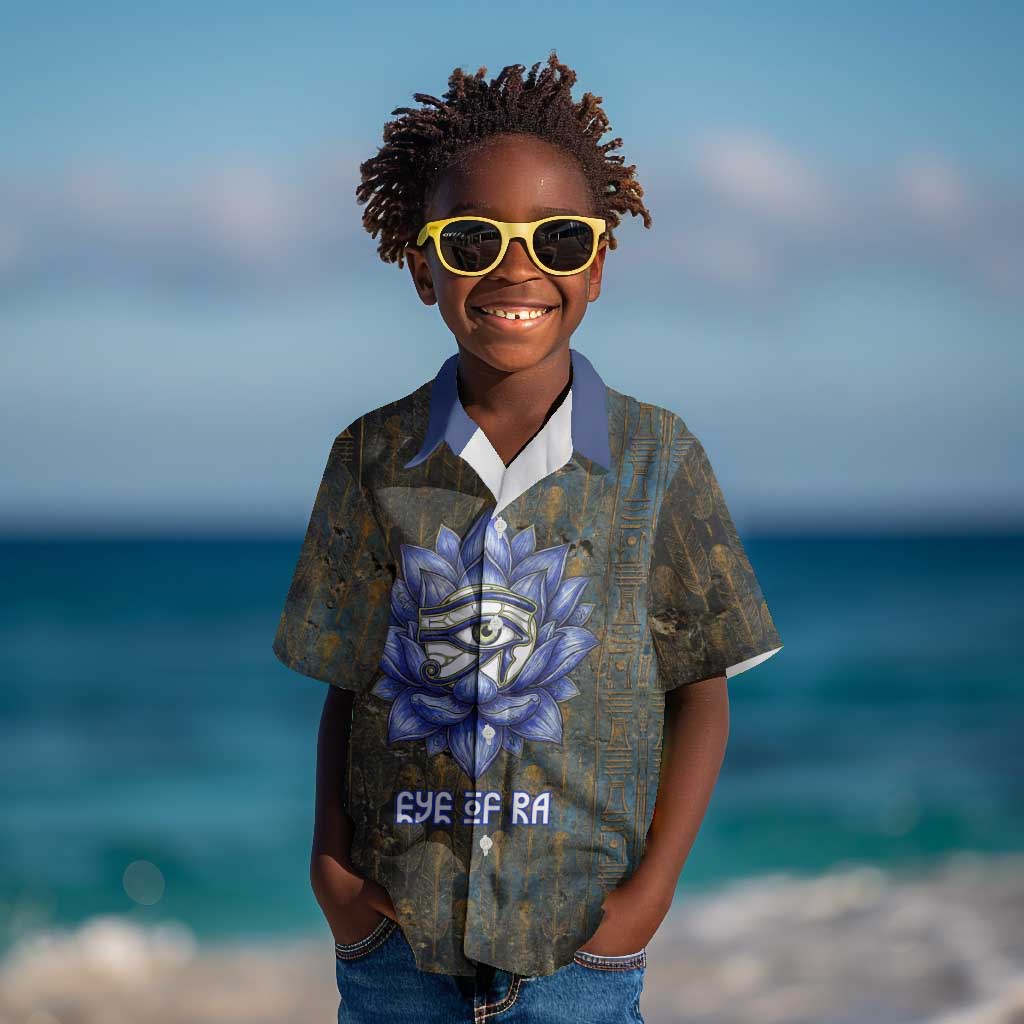 Khepri Ancient Egyptian Kid Hawaiian Shirt Dark Hieroglyphic, Blue Lotus Eye Symbol, and Winged Scarab Resurrection - Wonder Print Shop