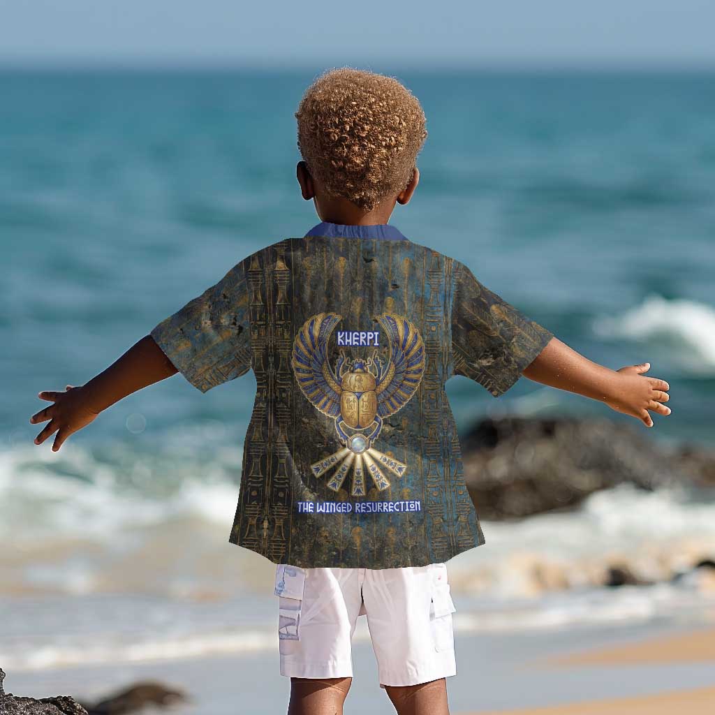 Khepri Ancient Egyptian Kid Hawaiian Shirt Dark Hieroglyphic, Blue Lotus Eye Symbol, and Winged Scarab Resurrection - Wonder Print Shop