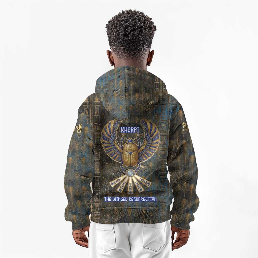Khepri Ancient Egyptian Kid Hoodie Dark Hieroglyphic, Blue Lotus Eye Symbol, and Winged Scarab Resurrection - Wonder Print Shop