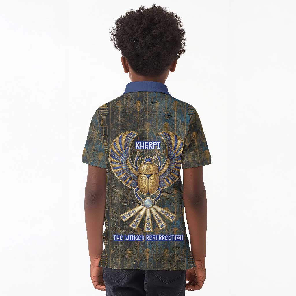 Khepri Ancient Egyptian Kid Polo Shirt Dark Hieroglyphic, Blue Lotus Eye Symbol, and Winged Scarab Resurrection - Wonder Print Shop