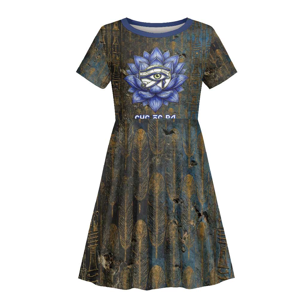 Khepri Ancient Egyptian Kid Short Sleeve Dress Dark Hieroglyphic, Blue Lotus Eye Symbol, and Winged Scarab Resurrection - Wonder Print Shop