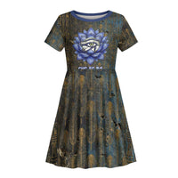 Khepri Ancient Egyptian Kid Short Sleeve Dress Dark Hieroglyphic, Blue Lotus Eye Symbol, and Winged Scarab Resurrection - Wonder Print Shop