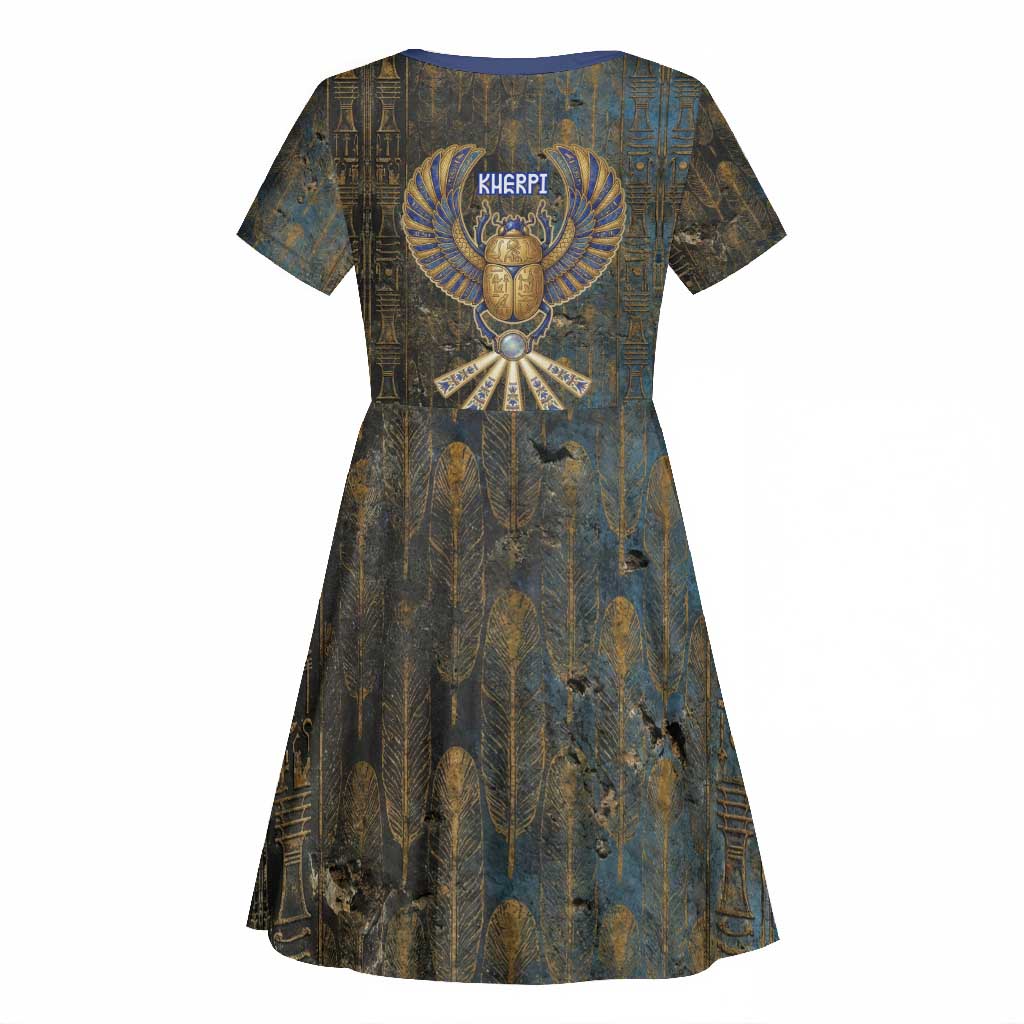 Khepri Ancient Egyptian Kid Short Sleeve Dress Dark Hieroglyphic, Blue Lotus Eye Symbol, and Winged Scarab Resurrection - Wonder Print Shop