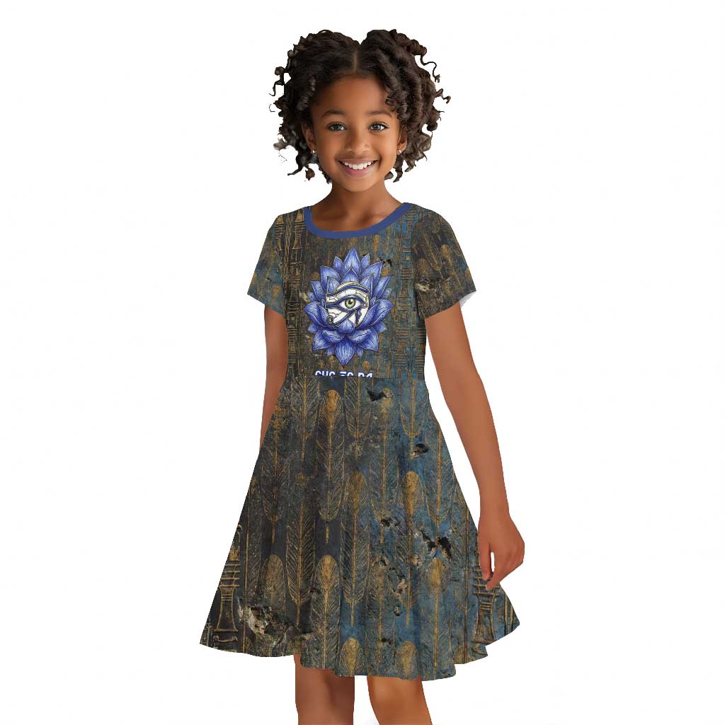 Khepri Ancient Egyptian Kid Short Sleeve Dress Dark Hieroglyphic, Blue Lotus Eye Symbol, and Winged Scarab Resurrection - Wonder Print Shop