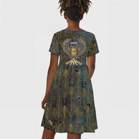Khepri Ancient Egyptian Kid Short Sleeve Dress Dark Hieroglyphic, Blue Lotus Eye Symbol, and Winged Scarab Resurrection - Wonder Print Shop
