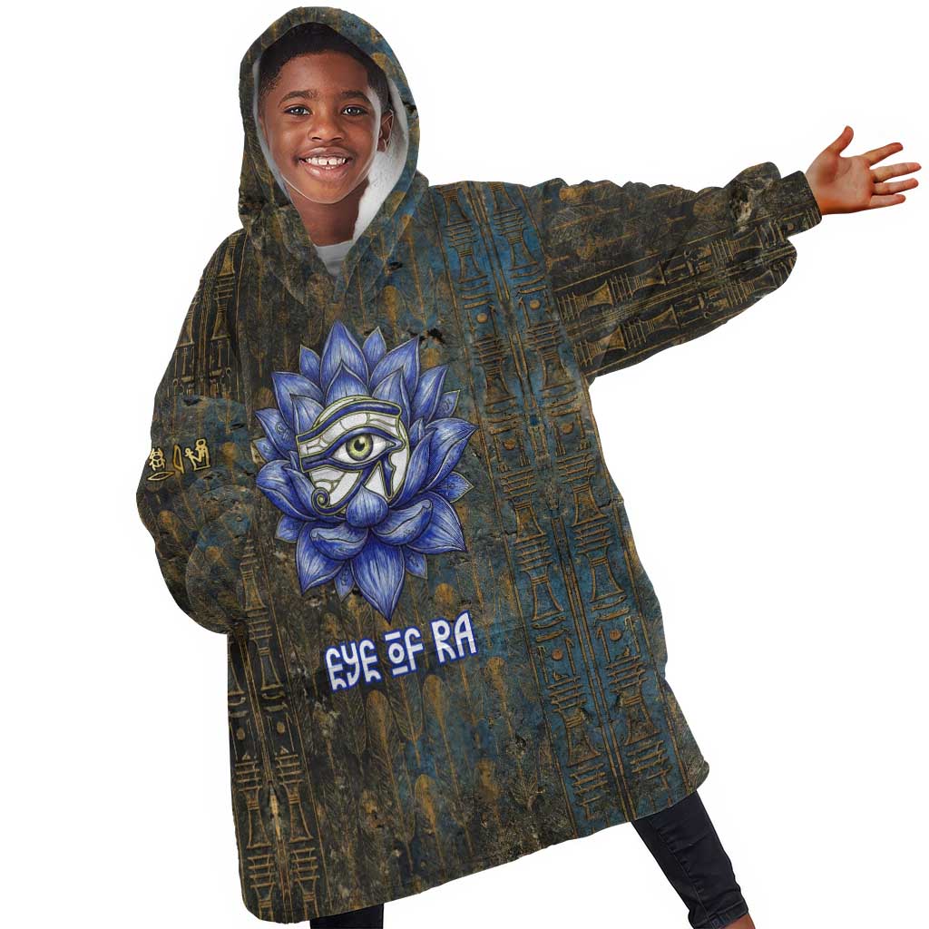 Khepri Ancient Egyptian Kid Wearable Blanket Hoodie Dark Hieroglyphic, Blue Lotus Eye Symbol, and Winged Scarab Resurrection - Wonder Print Shop