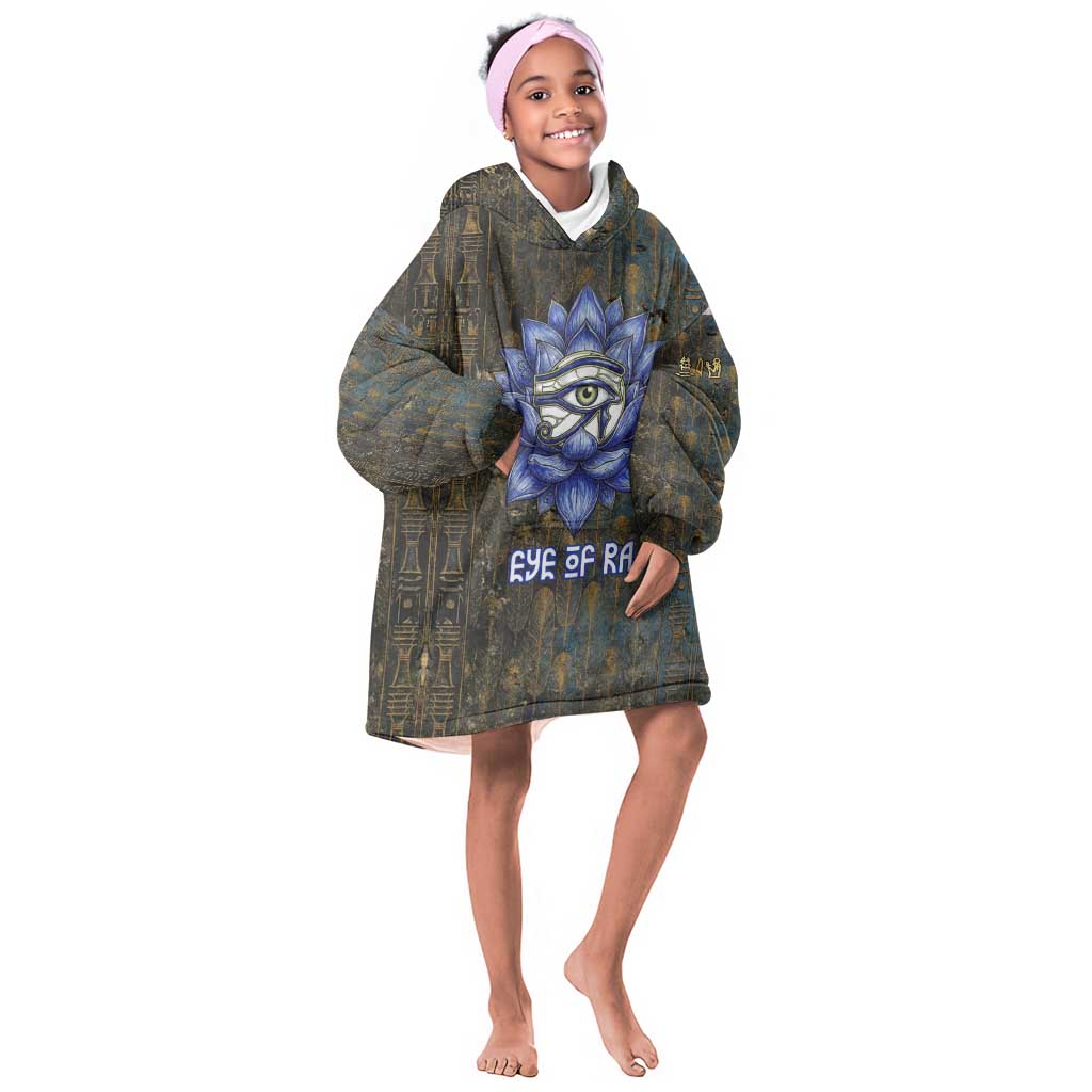 Khepri Ancient Egyptian Kid Wearable Blanket Hoodie Dark Hieroglyphic, Blue Lotus Eye Symbol, and Winged Scarab Resurrection - Wonder Print Shop