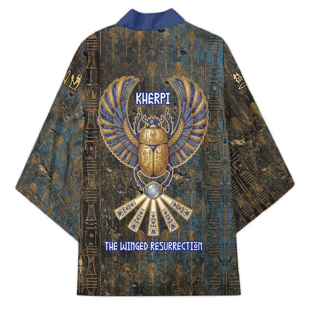 Khepri Ancient Egyptian Kimono Dark Hieroglyphic, Blue Lotus Eye Symbol, and Winged Scarab Resurrection - Wonder Print Shop